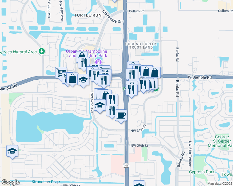 map of restaurants, bars, coffee shops, grocery stores, and more near Sample Road in Pompano Beach