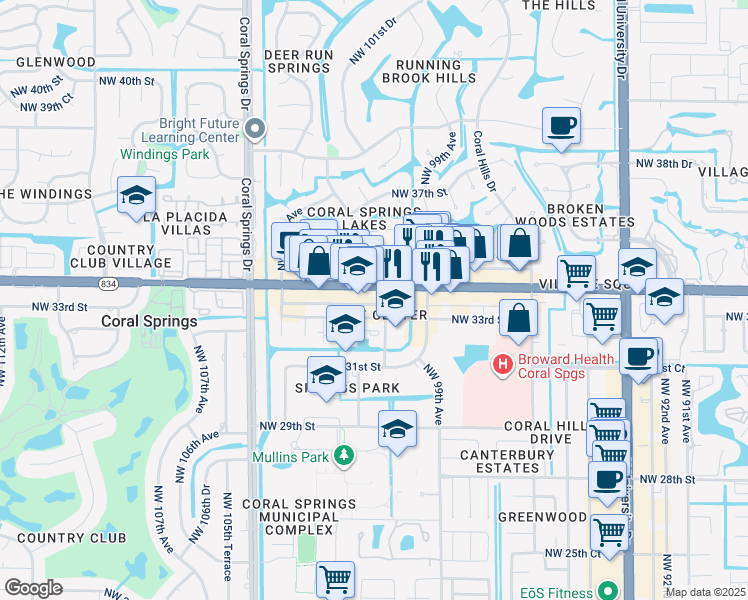 map of restaurants, bars, coffee shops, grocery stores, and more near in Coral Springs
