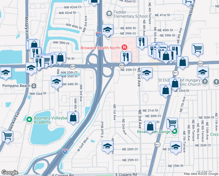 map of restaurants, bars, coffee shops, grocery stores, and more near 3281 East Golf Boulevard in Pompano Beach
