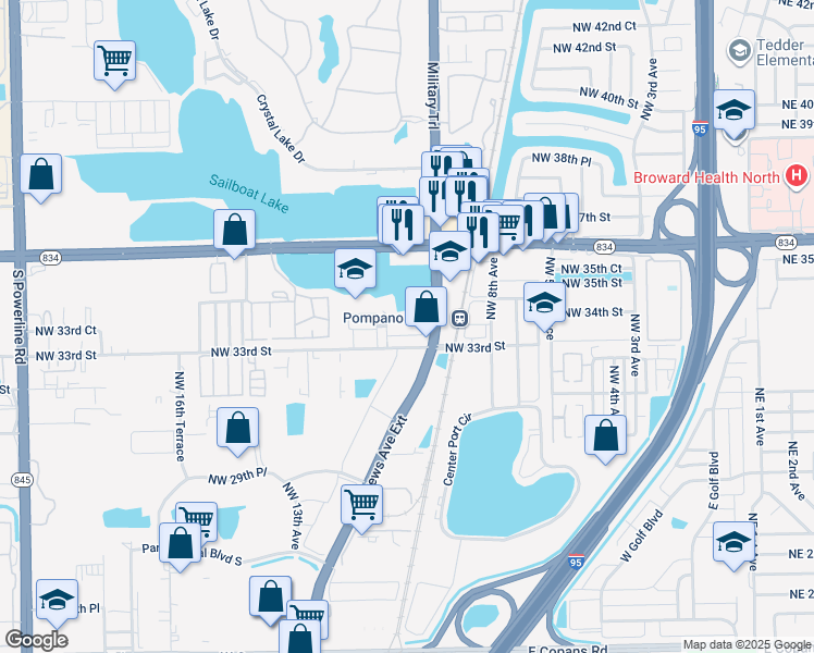 map of restaurants, bars, coffee shops, grocery stores, and more near 1087 Northwest 33rd Street in Pompano Beach
