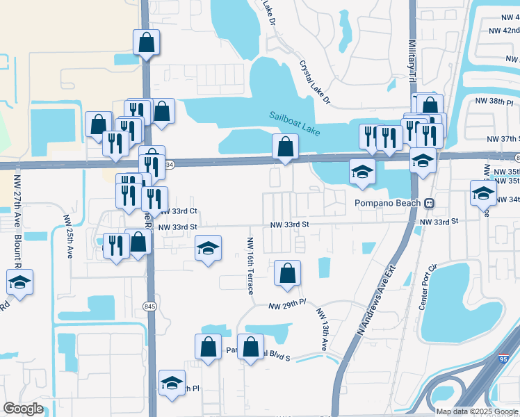 map of restaurants, bars, coffee shops, grocery stores, and more near 3346 Northwest 16th Avenue in Pompano Beach