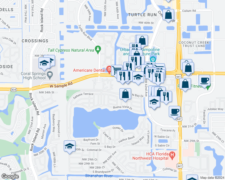 map of restaurants, bars, coffee shops, grocery stores, and more near 6280 West Sample Road in Coral Springs
