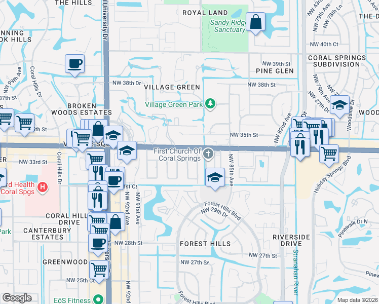 map of restaurants, bars, coffee shops, grocery stores, and more near 10185 West Sample Road in Coral Springs