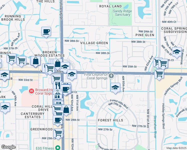 map of restaurants, bars, coffee shops, grocery stores, and more near 8940 West Sample Road in Coral Springs