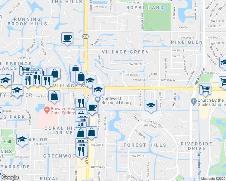 map of restaurants, bars, coffee shops, grocery stores, and more near 9071 West Sample Road in Coral Springs