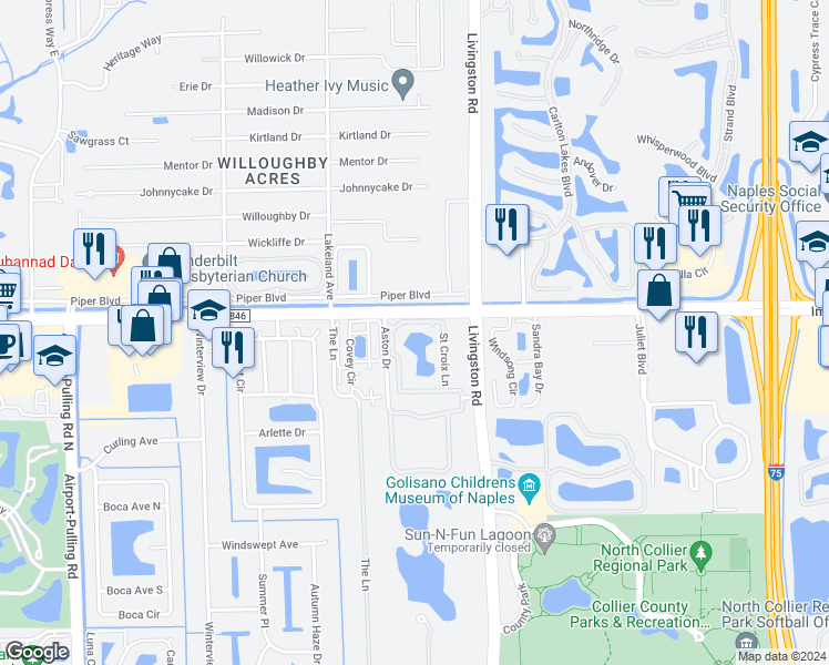 map of restaurants, bars, coffee shops, grocery stores, and more near 4710 Saint Croix Lane in Naples