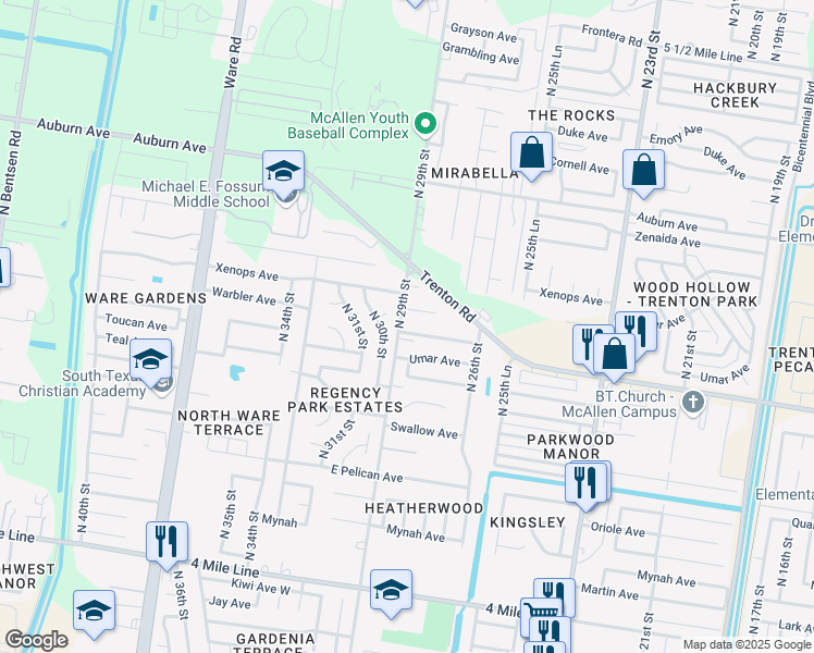 map of restaurants, bars, coffee shops, grocery stores, and more near 2816 Umbrellabird Avenue in McAllen