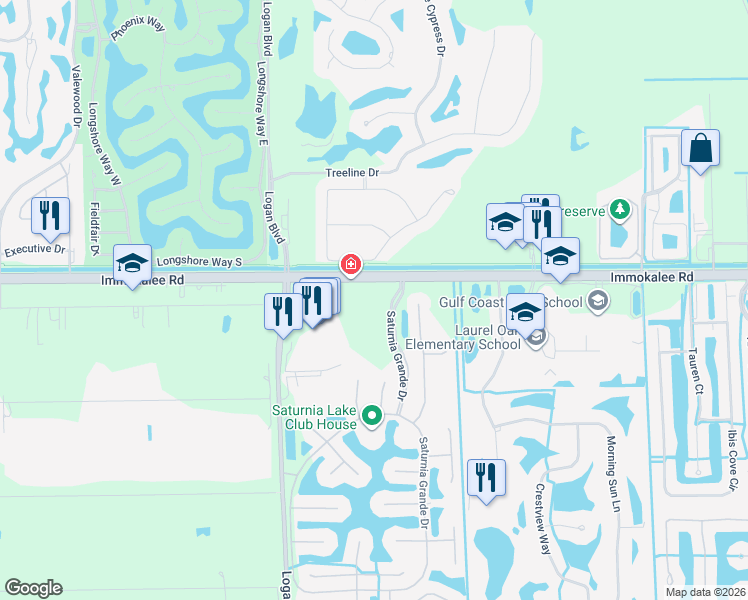 map of restaurants, bars, coffee shops, grocery stores, and more near 7576 Immokalee Road in Naples