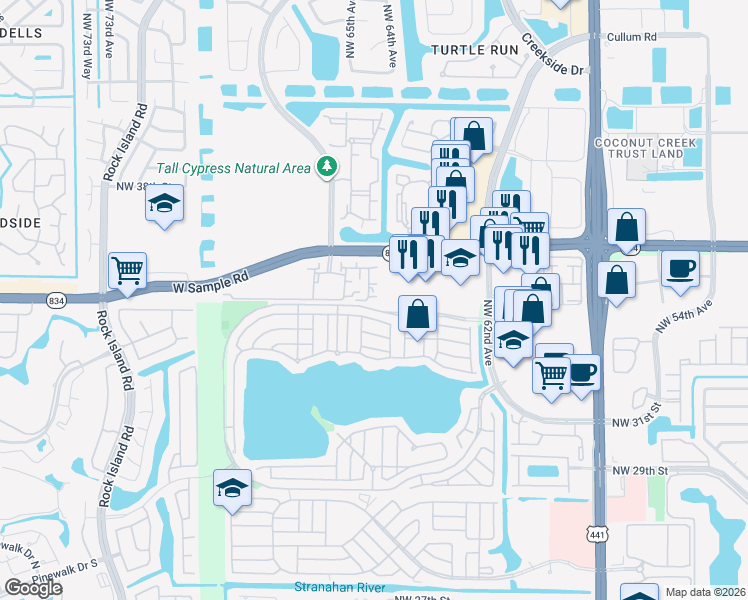 map of restaurants, bars, coffee shops, grocery stores, and more near 6280 West Sample Road in Coral Springs