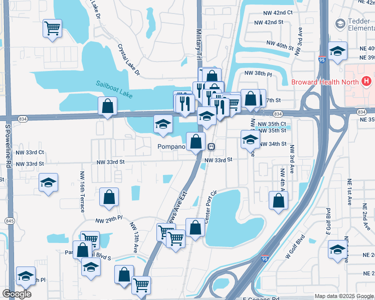 map of restaurants, bars, coffee shops, grocery stores, and more near 1087 Northwest 33rd Street in Pompano Beach
