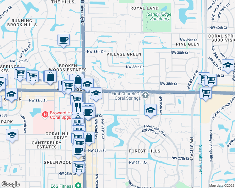 map of restaurants, bars, coffee shops, grocery stores, and more near 8940 West Sample Road in Coral Springs