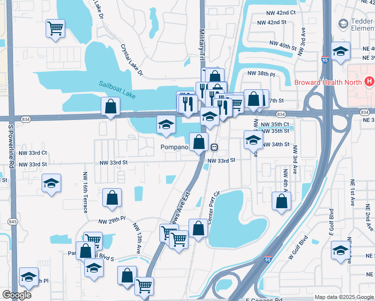 map of restaurants, bars, coffee shops, grocery stores, and more near 1087 Northwest 33rd Street in Pompano Beach