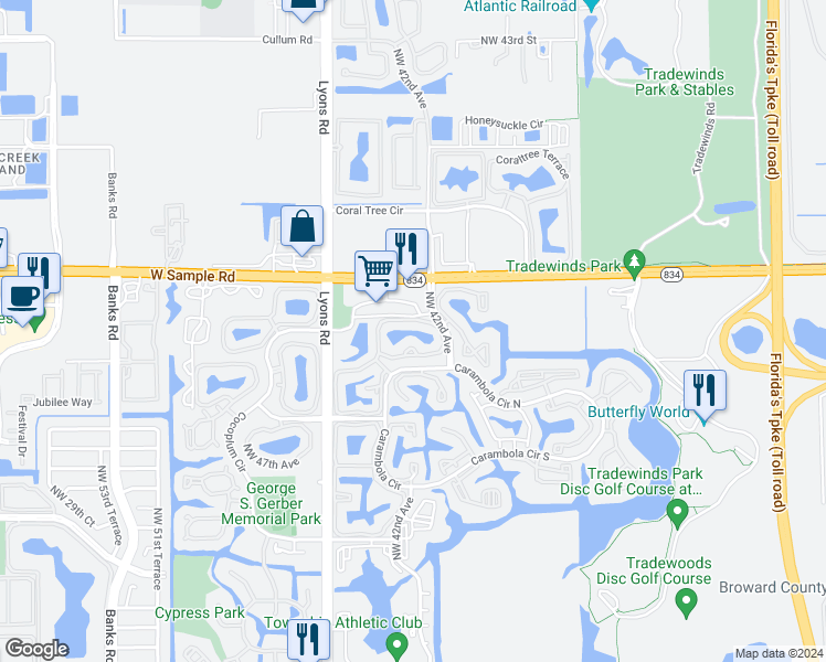 map of restaurants, bars, coffee shops, grocery stores, and more near 3879 Carambola Circle North in Coconut Creek