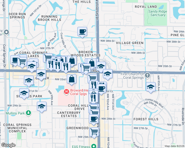 map of restaurants, bars, coffee shops, grocery stores, and more near in Coral Springs