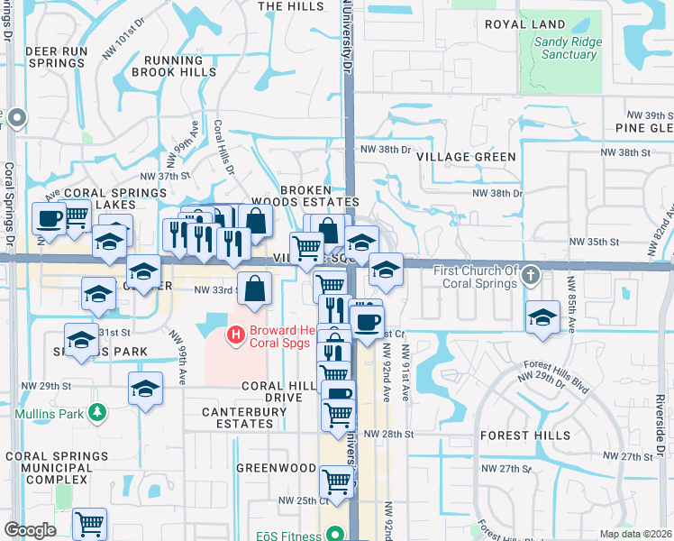map of restaurants, bars, coffee shops, grocery stores, and more near in Coral Springs