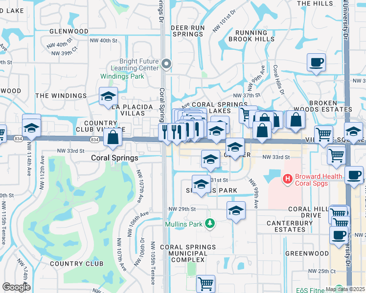 map of restaurants, bars, coffee shops, grocery stores, and more near in Coral Springs