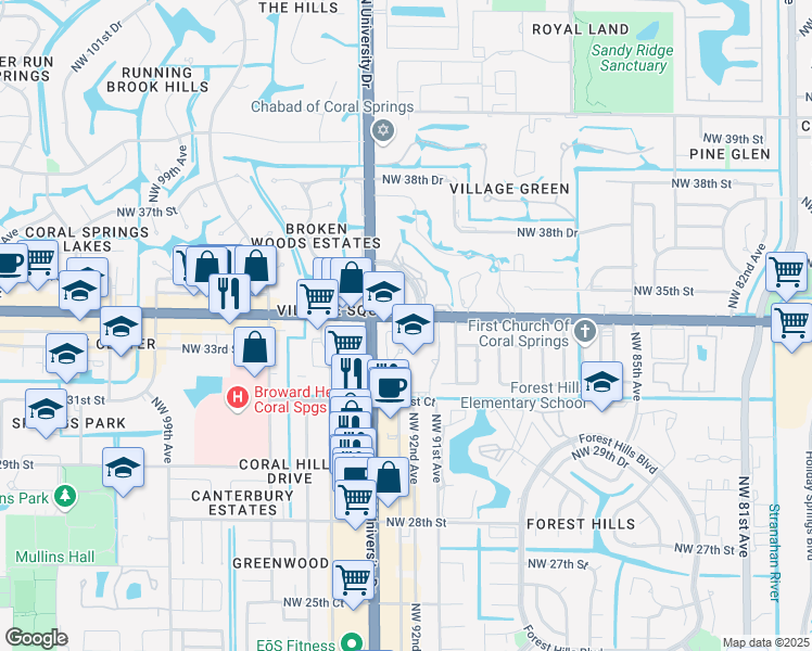 map of restaurants, bars, coffee shops, grocery stores, and more near 9101 Northwest 34th Street in Coral Springs