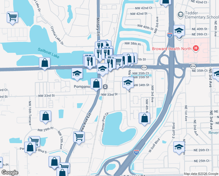map of restaurants, bars, coffee shops, grocery stores, and more near in Pompano Beach