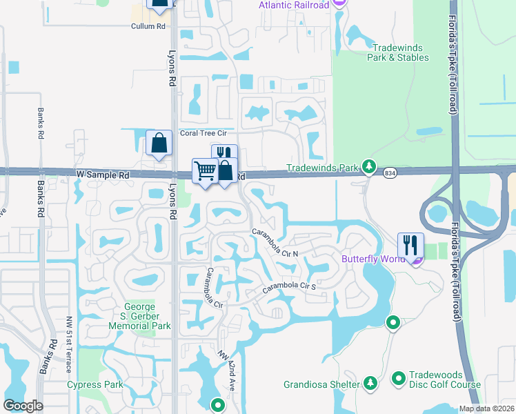map of restaurants, bars, coffee shops, grocery stores, and more near 15 Northwest 35th Street in Coconut Creek