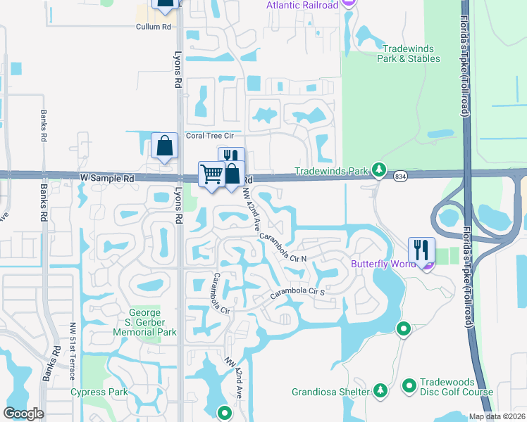 map of restaurants, bars, coffee shops, grocery stores, and more near 15 Northwest 35th Street in Coconut Creek