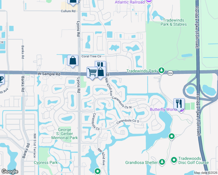 map of restaurants, bars, coffee shops, grocery stores, and more near 4400 West Sample Road in Coconut Creek