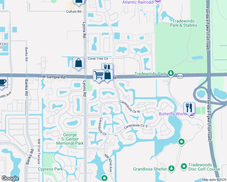 map of restaurants, bars, coffee shops, grocery stores, and more near 4400 West Sample Road in Coconut Creek