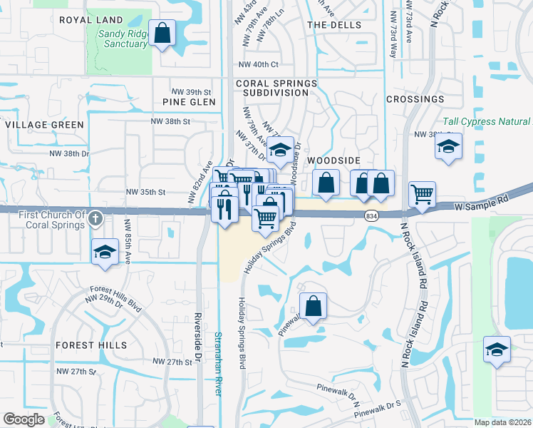 map of restaurants, bars, coffee shops, grocery stores, and more near 7907 West Sample Road in Coral Springs