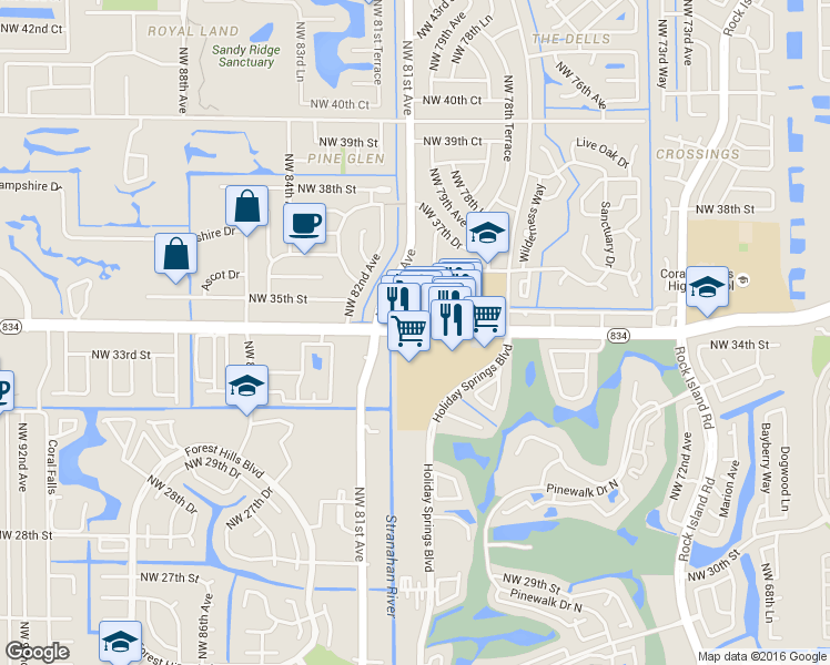 map of restaurants, bars, coffee shops, grocery stores, and more near 8077 West Sample Road in Coral Springs