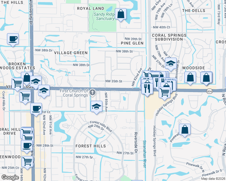 map of restaurants, bars, coffee shops, grocery stores, and more near 8307 West Sample Road in Coral Springs