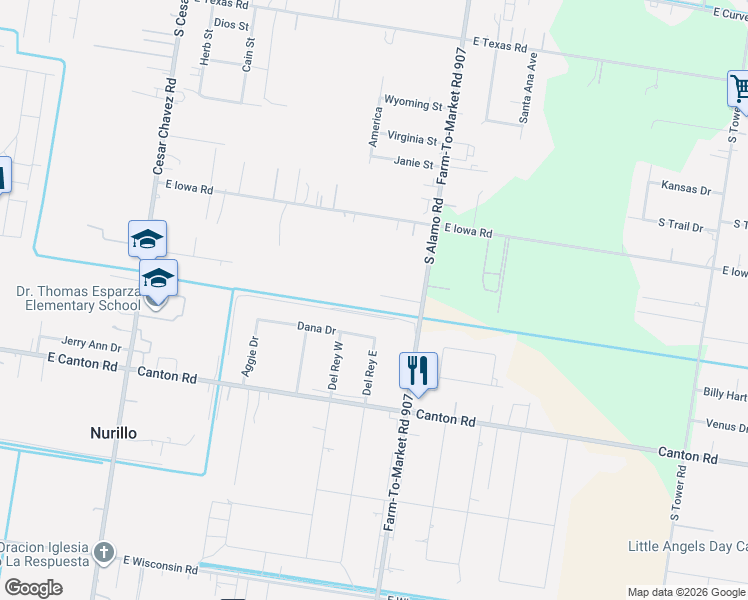 map of restaurants, bars, coffee shops, grocery stores, and more near 2205 South Alamo Road in Edinburg