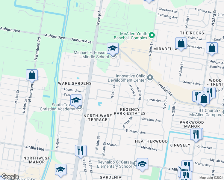 map of restaurants, bars, coffee shops, grocery stores, and more near 3400 Umar Avenue in McAllen