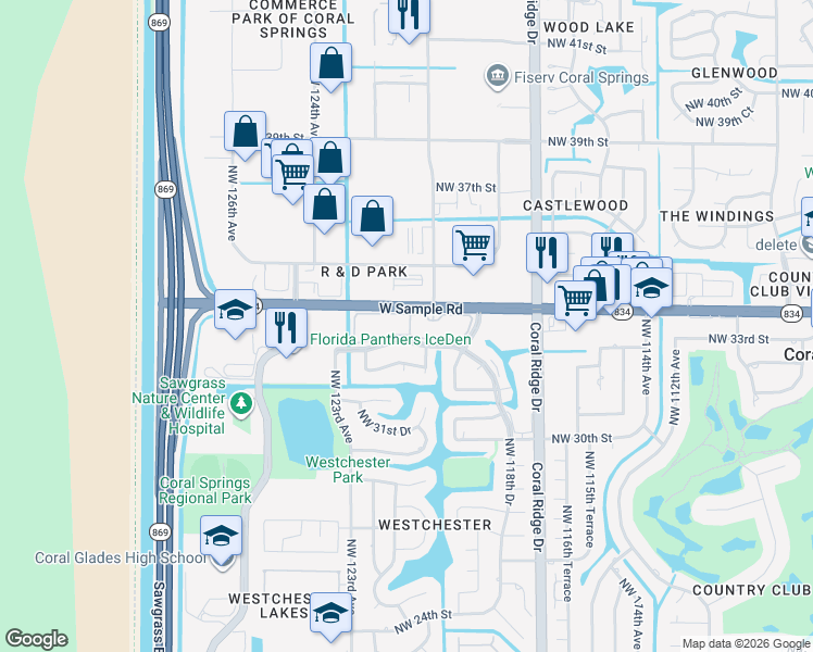 map of restaurants, bars, coffee shops, grocery stores, and more near 12046 West Sample Road in Coral Springs