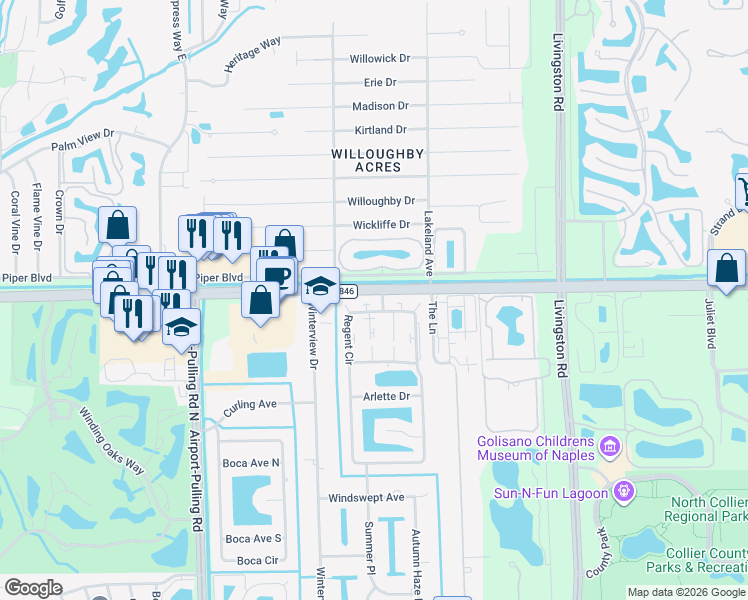 map of restaurants, bars, coffee shops, grocery stores, and more near 10921 Helm Court in Naples