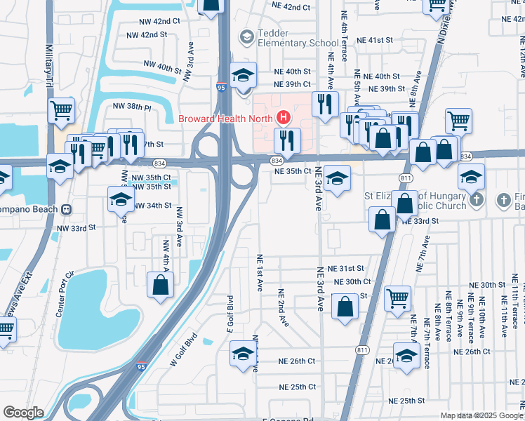 map of restaurants, bars, coffee shops, grocery stores, and more near 3400 Northeast 1st Avenue in Pompano Beach