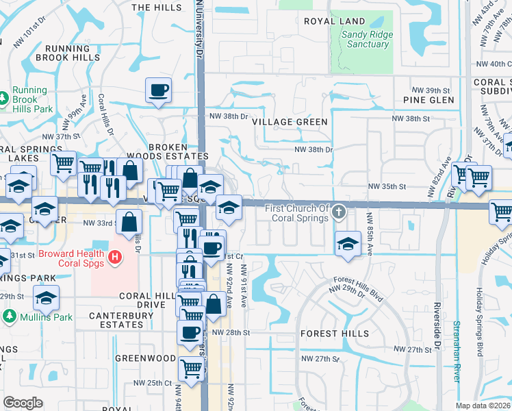 map of restaurants, bars, coffee shops, grocery stores, and more near 9071 West Sample Road in Coral Springs