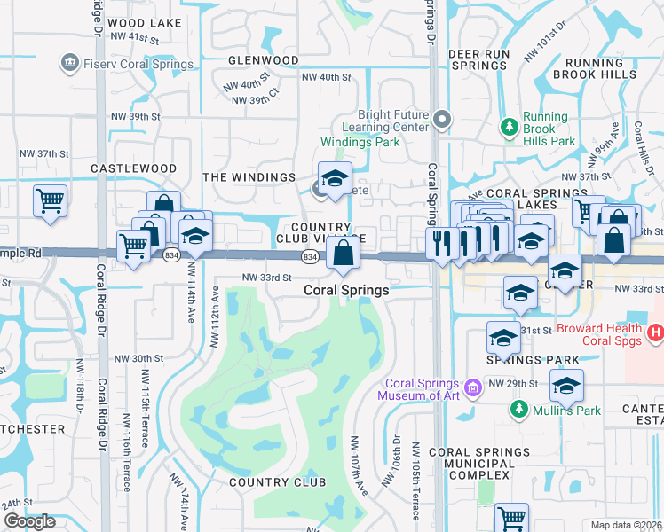 map of restaurants, bars, coffee shops, grocery stores, and more near 10870 West Sample Road in Coral Springs