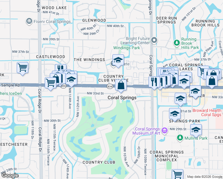 map of restaurants, bars, coffee shops, grocery stores, and more near 11028 West Sample Road in Coral Springs