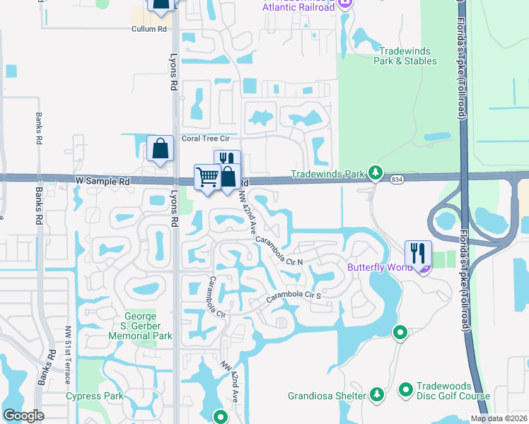 map of restaurants, bars, coffee shops, grocery stores, and more near 15 Northwest 35th Street in Coconut Creek