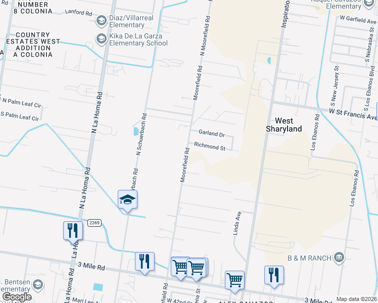 map of restaurants, bars, coffee shops, grocery stores, and more near 4925 Moorefield Road in Mission