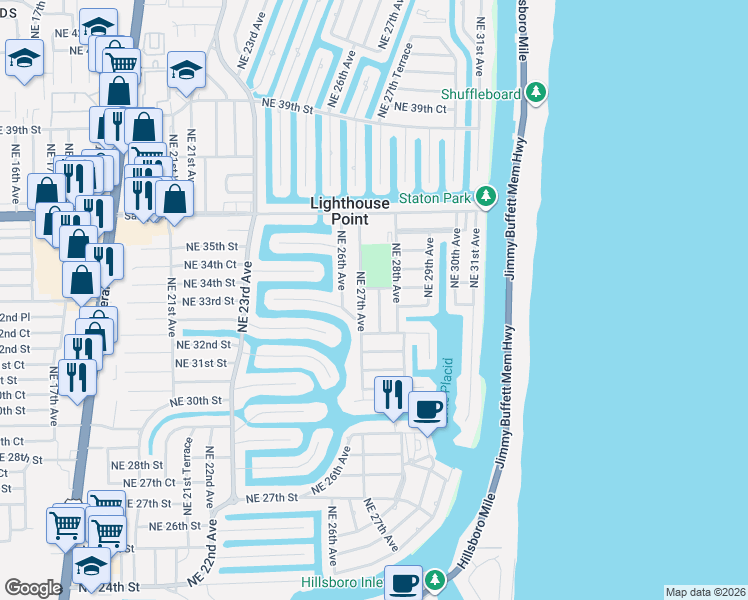 map of restaurants, bars, coffee shops, grocery stores, and more near 3348 Northeast 27th Avenue in Lighthouse Point