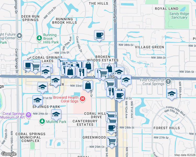 map of restaurants, bars, coffee shops, grocery stores, and more near 9530 West Sample Road in Coral Springs