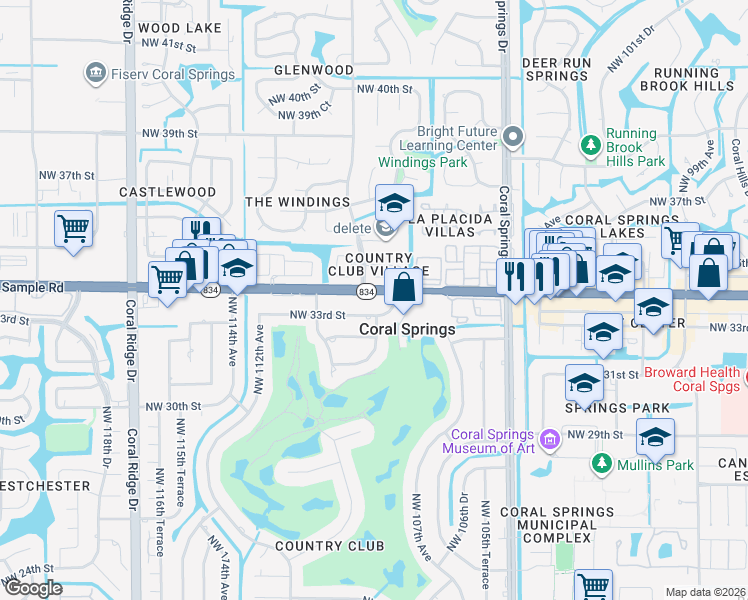 map of restaurants, bars, coffee shops, grocery stores, and more near 11028 West Sample Road in Coral Springs