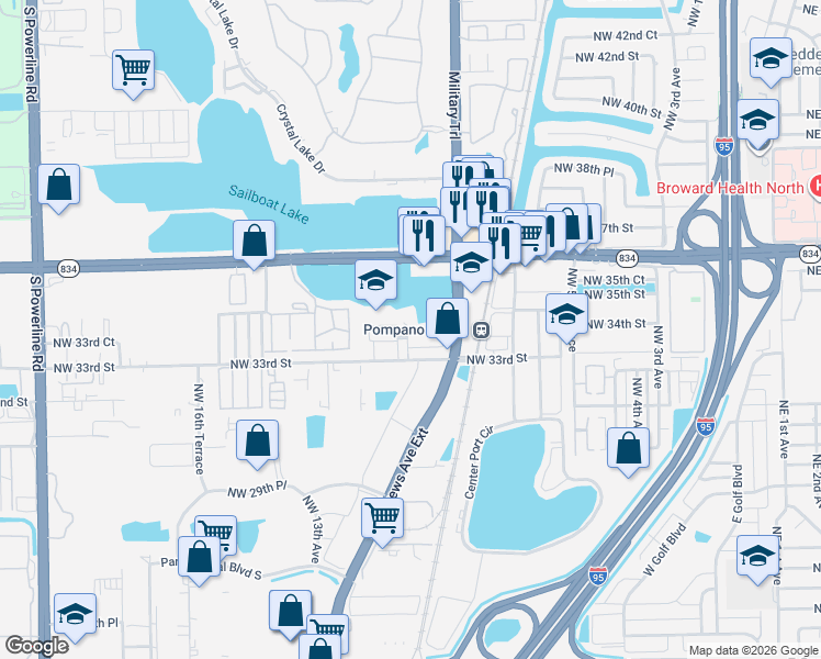 map of restaurants, bars, coffee shops, grocery stores, and more near 1087 Northwest 33rd Street in Pompano Beach