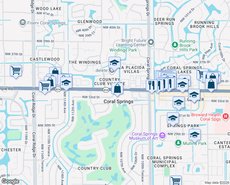 map of restaurants, bars, coffee shops, grocery stores, and more near 10870 West Sample Road in Coral Springs
