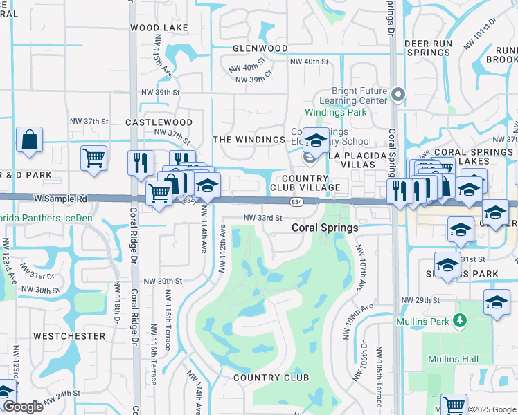 map of restaurants, bars, coffee shops, grocery stores, and more near 11042 West Sample Road in Coral Springs