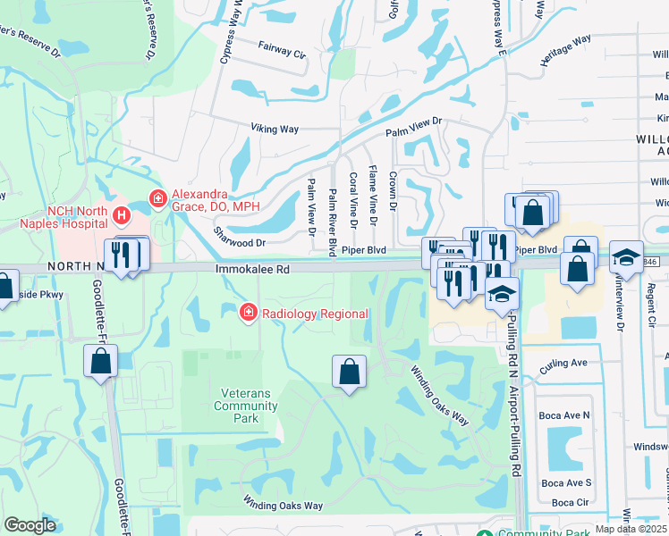 map of restaurants, bars, coffee shops, grocery stores, and more near 102 Palm River Boulevard in Naples