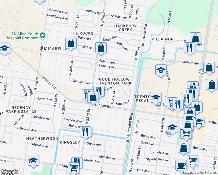 map of restaurants, bars, coffee shops, grocery stores, and more near 7508 North 22nd Street in McAllen