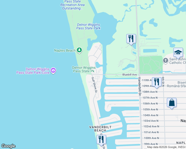 map of restaurants, bars, coffee shops, grocery stores, and more near 5 Bluebill Avenue in Naples