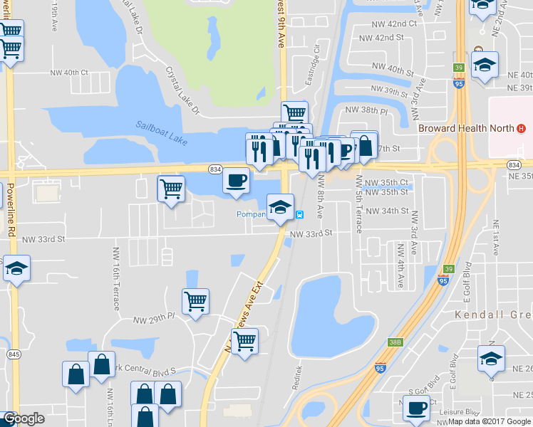 map of restaurants, bars, coffee shops, grocery stores, and more near 1039 Northwest 33rd Street in Pompano Beach