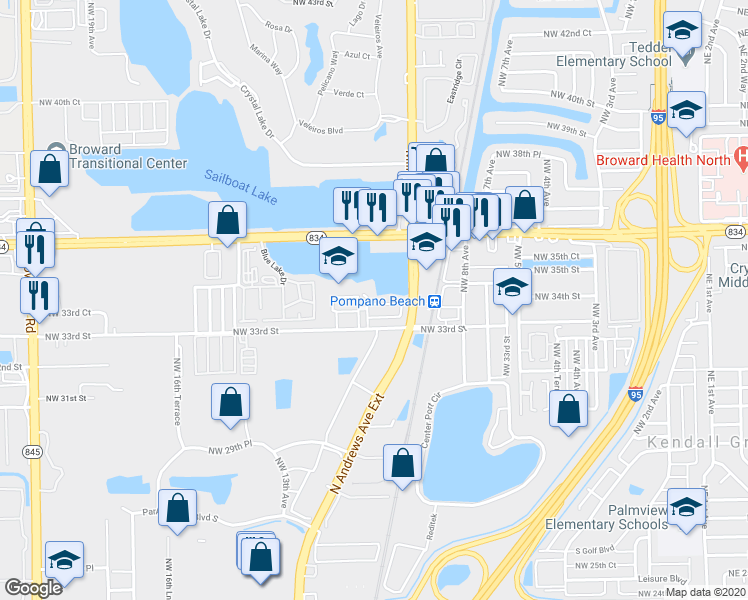 map of restaurants, bars, coffee shops, grocery stores, and more near 1079 Northwest 33rd Street in Pompano Beach